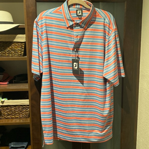 FootJoy Lisle Traditional Stripe Self Collar Golf Polo - Cape Red/Storm/White - Picture 1 of 3